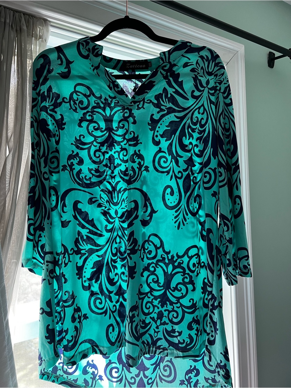 Zattcas Womens Turquoise Navy Damask Print Tunic Top 3/4 Sleeve XXL NWT